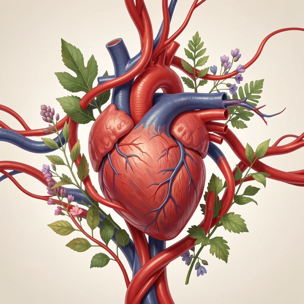 Healthy heart surrounded by flowing blood vessels with natural botanical elements