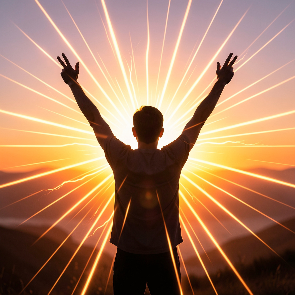 Person with arms raised in victory pose against sunrise backdrop with energy radiating outward